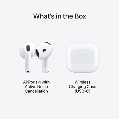 Apple AirPods 4 Wireless Earbuds, Bluetooth Headphones, Personalized Spatial Audio, Sweat and Water Resistant, USB-C Charging Case, H2 Chip, Up to 30 Hours of Battery Life, Effortless Setup for iPhone