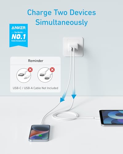 Anker iPhone 15 Charger, Anker USB C Charger, 2-Pack 20W Dual Port USB Fast Wall Charger, USB C Charger Block for iPhone 15/15 Pro/15 Pro Max/iPad Pro/AirPods & More (2-Pack 5 ft USBC Cable Included)