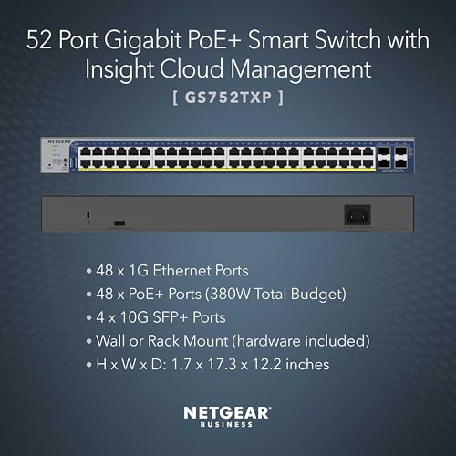 NETGEAR 52-Port PoE Gigabit Ethernet Smart Switch (GS752TPP) - Managed, Optional Insight Cloud Management, 48 x PoE+ @ 760W, 4 x 1G SFP, Desktop or Rackmount, and Limited Lifetime Protection