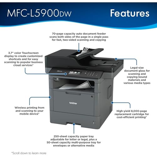 Brother Monochrome Laser Printer, Multifunction All-in-One Printer, MFC-L5915DW, Wireless Networking, Mobile Printing & Scanning, Duplex Print, Copy & Scan, Amazon Dash Replenishment Ready