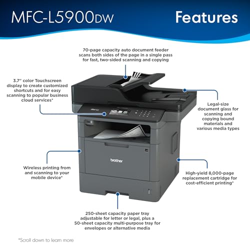 Brother Monochrome Laser Printer, Multifunction All-in-One Printer, MFC-L5915DW, Wireless Networking, Mobile Printing & Scanning, Duplex Print, Copy & Scan, Amazon Dash Replenishment Ready