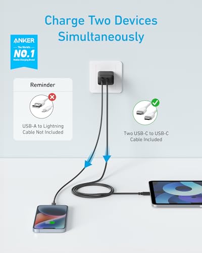 Anker iPhone 15 Charger, Anker USB C Charger, 2-Pack 20W Dual Port USB Fast Wall Charger, USB C Charger Block for iPhone 15/15 Pro/15 Pro Max/iPad Pro/AirPods & More (2-Pack 5 ft USBC Cable Included)