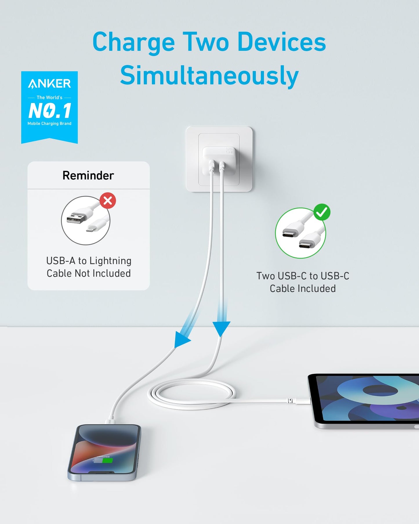 Anker iPhone 15 Charger, Anker USB C Charger, 2-Pack 20W Dual Port USB Fast Wall Charger, USB C Charger Block for iPhone 15/15 Pro/15 Pro Max/iPad Pro/AirPods & More (2-Pack 5 ft USBC Cable Included)