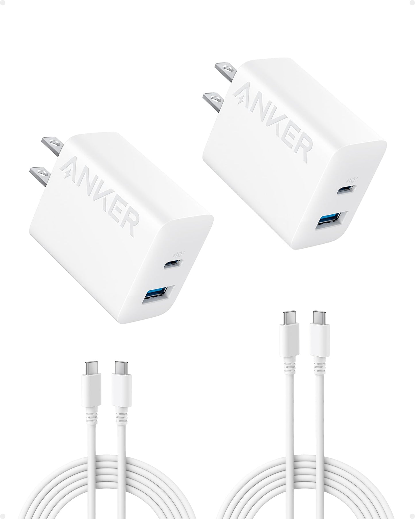 Anker iPhone 15 Charger, Anker USB C Charger, 2-Pack 20W Dual Port USB Fast Wall Charger, USB C Charger Block for iPhone 15/15 Pro/15 Pro Max/iPad Pro/AirPods & More (2-Pack 5 ft USBC Cable Included)