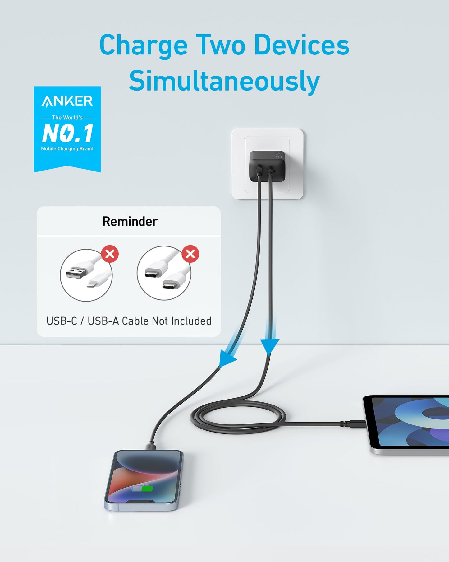 Anker iPhone 15 Charger, Anker USB C Charger, 2-Pack 20W Dual Port USB Fast Wall Charger, USB C Charger Block for iPhone 15/15 Pro/15 Pro Max/iPad Pro/AirPods & More (2-Pack 5 ft USBC Cable Included)