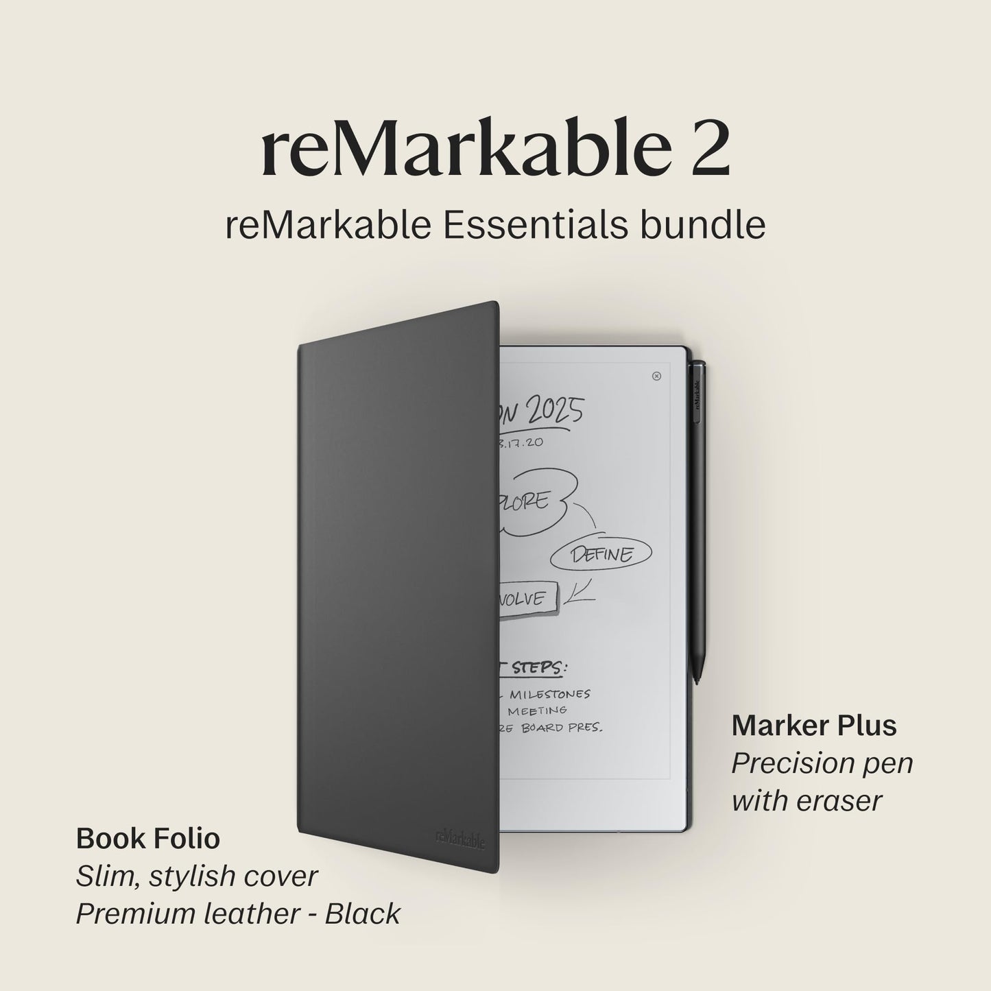 reMarkable Bundle 2 Notetaking Tablet | Marker Plus |12 months Connect | 9 spare marker tips | USB-A to C cable | RM113