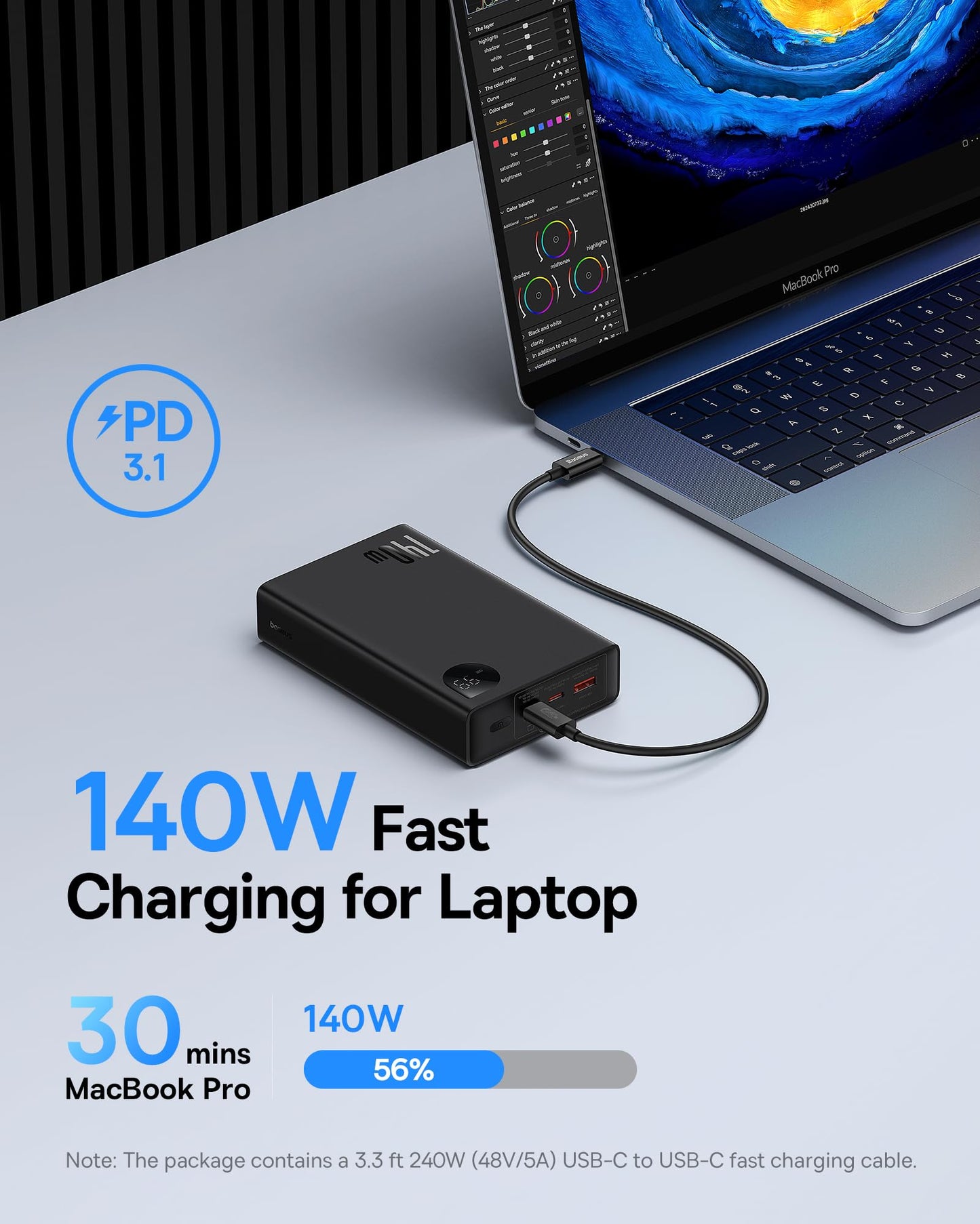 Baseus 140W Portable Charger,24000mAh Laptop Power Bank,3-Port Fast Charging USB C Battery Pack,2 USB-C&1 USB-A,Smart Digital Display Battery Bank for iPhone 15/14/13,Samsung,iPad,MacBook,Dell XPS,HP