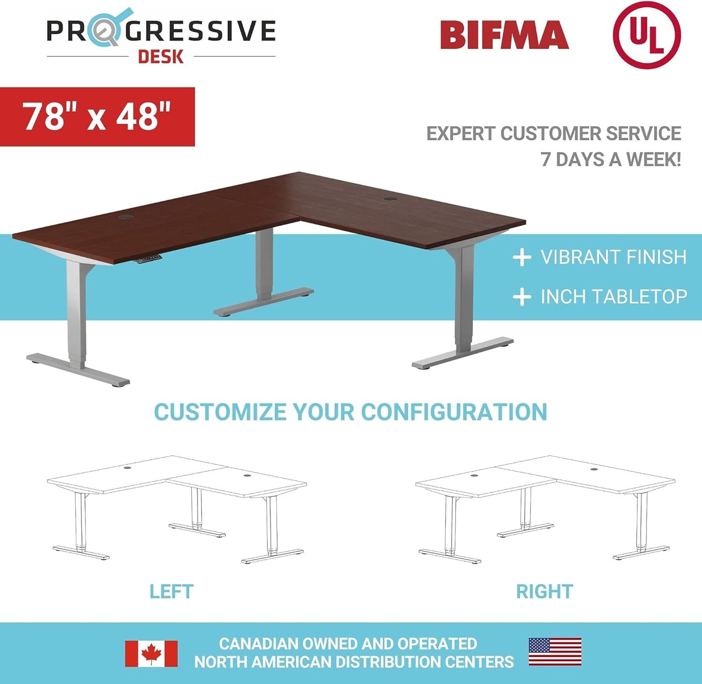 Progressive Desk L Shaped Height Adjustable Standing Desk 78" x 48" - Corner Computer Desk - Electric Stand Up Rising Workstation - Gray Frame, Roasted Walnut Top