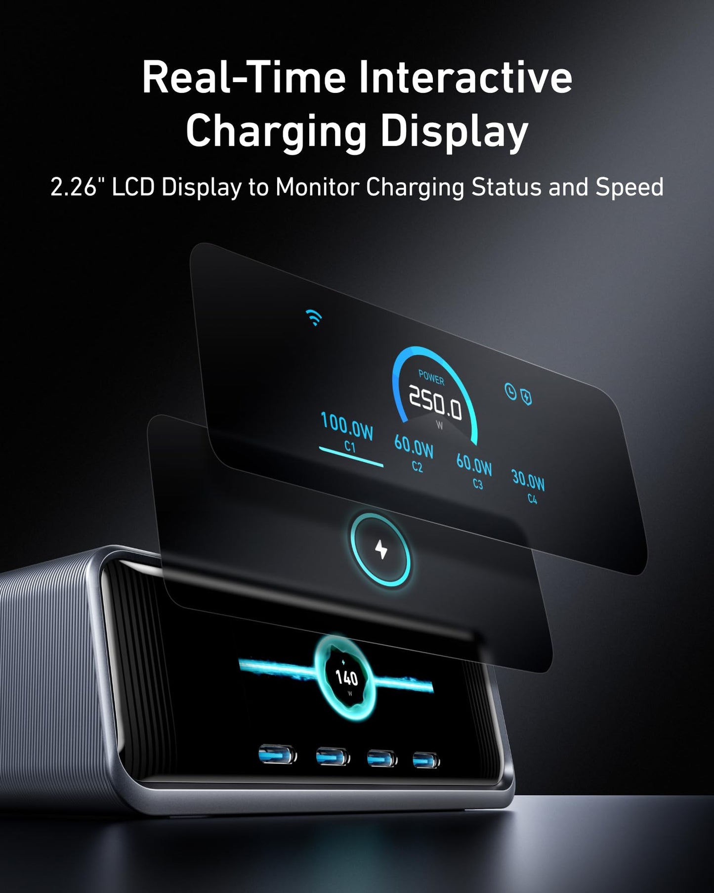 Anker Prime 250W USB-C Charger, Ultra-Fast 6-Port GaN Charging Station, 2.26" LCD Display and Smart Control Dial, Compatible with MacBook Pro/Air, iPhone 15/14/13, Pixel, Galaxy, and More (Silver)