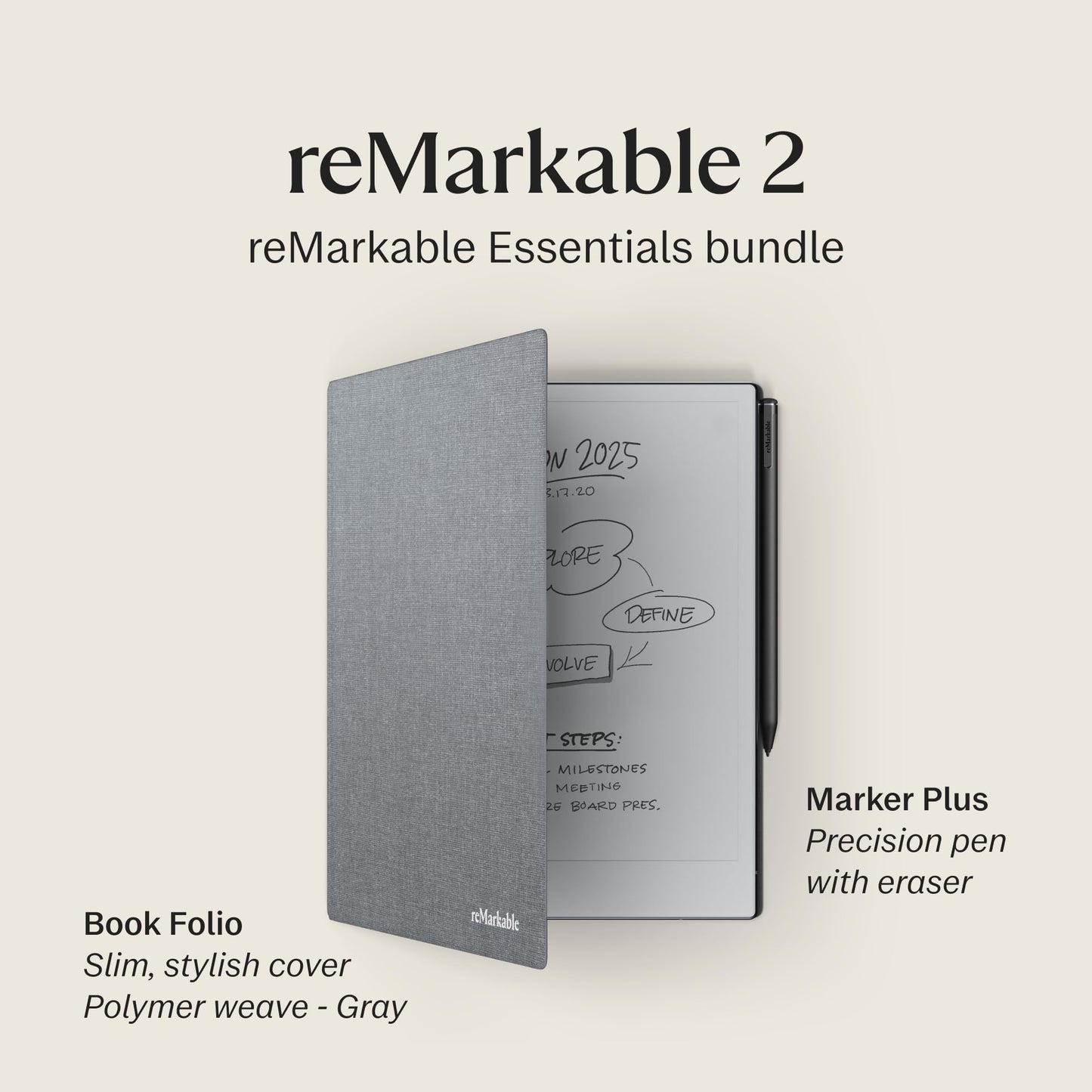 reMarkable Bundle 2 Notetaking Tablet | Marker Plus |12 months Connect | 9 spare marker tips | USB-A to C cable | RM113