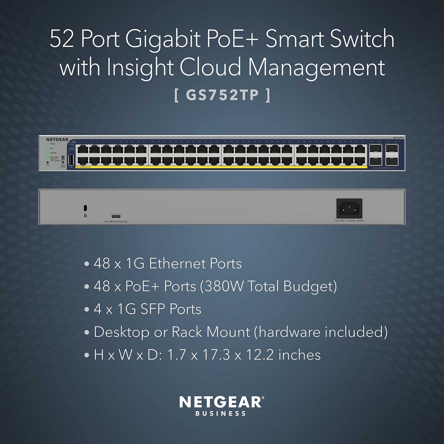 NETGEAR 52-Port PoE Gigabit Ethernet Smart Switch (GS752TPP) - Managed, Optional Insight Cloud Management, 48 x PoE+ @ 760W, 4 x 1G SFP, Desktop or Rackmount, and Limited Lifetime Protection